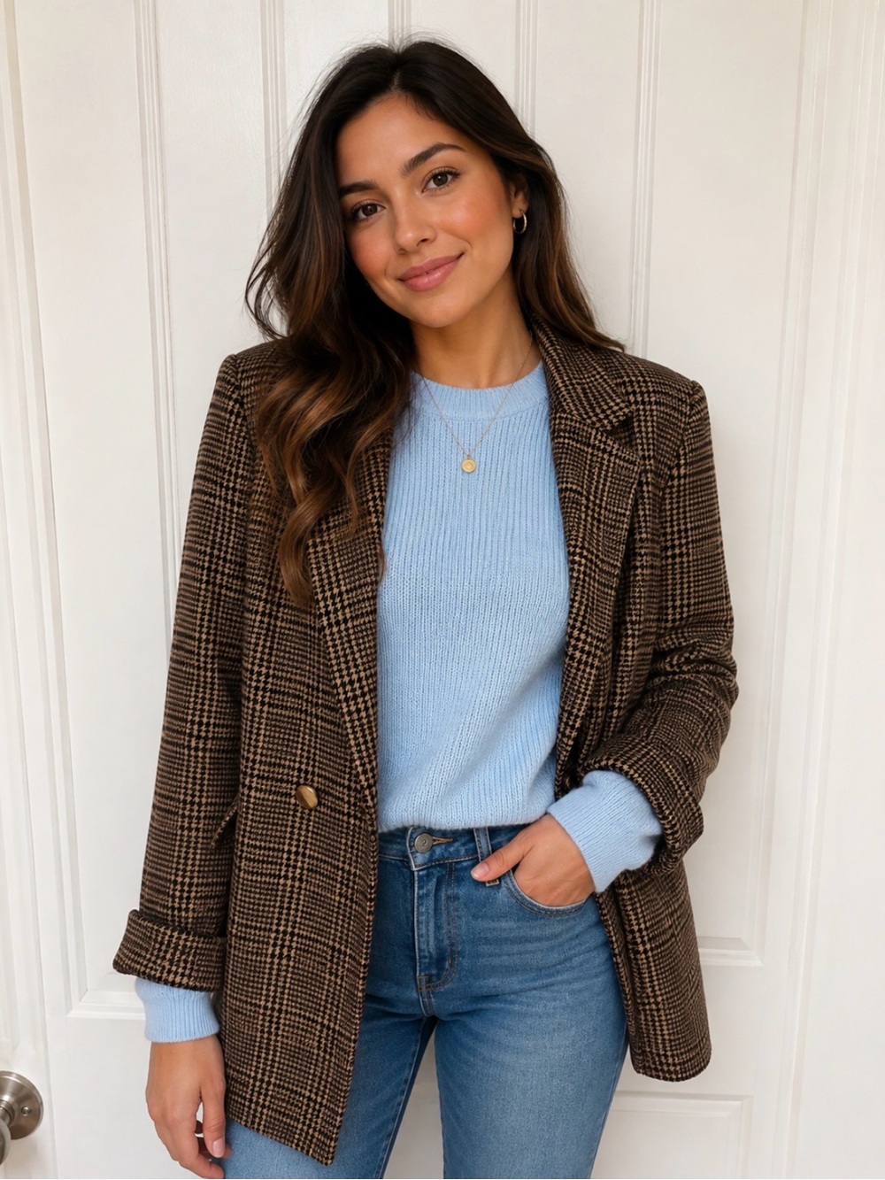 Brown Plaid Double-Button Blazer Jacket - Brown